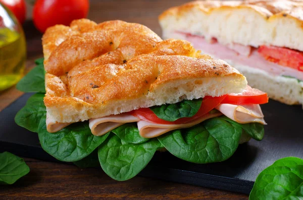 Focaccia Sandwich Ham Tomatoes Spinach Sandwich Italian Flat Bread Wooden — Stock Photo, Image