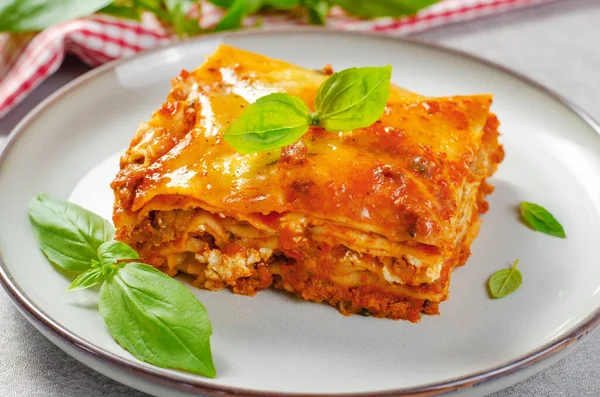 Delicious Homemade Lasagna Bolognese Sauce Bright Background Italian Cuisine Traditional — Stock Photo, Image
