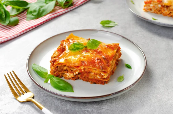 Delicious Homemade Lasagna Bolognese Sauce Bright Background Italian Cuisine Traditional — Stock Photo, Image