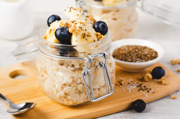 Overnight Oats, Oatmeal with Banana, Fresh Blueberry and Chia, Healthy Breakfast or Snack