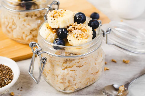Overnight Oats, Oatmeal with Banana, Fresh Blueberry and Chia, Healthy Breakfast or Snack