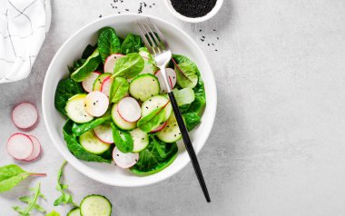 Turplu Taze Salata, Salatalık ve Parlak Arkaplanda Marul, Vejetaryen Yemeği, Sağlıklı Yeme