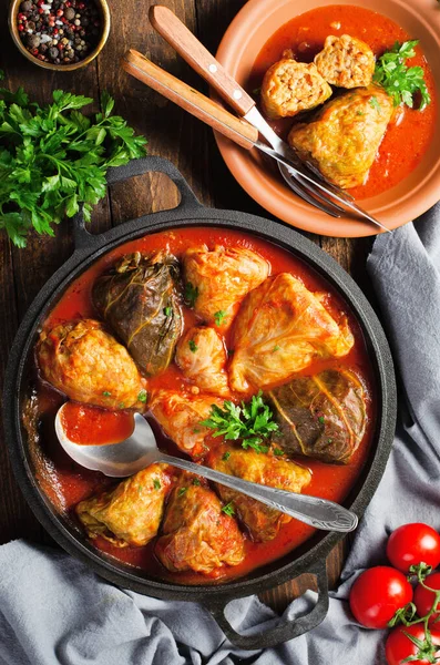 Homemade Cabbage Rolls Meat Rice Vegetables Stuffed Cabbage Leaves Also — Zdjęcie stockowe