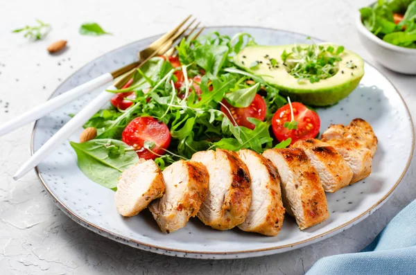 Grilled Chicken Fillet with Fresh Salad, Cherry Tomatoes and Avocado, Healthy food, Ketogenic Diet, Tasty Lunch, Keto Paleo Diet Menu Concept