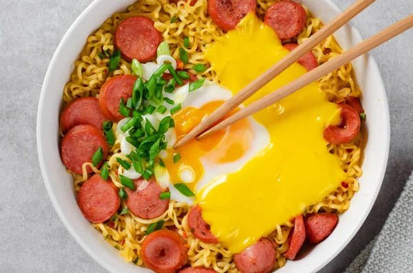 Ramen Noodles Sausages Egg Melted Cheese Scallion Microwave Shin Ramyeon — Stock Photo, Image