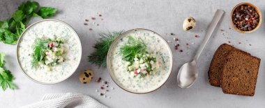 Soğuk Okroshka Çorbası Yumurta, Sebze, Et, Bitki ve Kefir Bir Açık Gri Arkaplanda, Yaz Çorbası