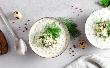 Soğuk Okroshka Çorbası Yumurta, Sebze, Et, Bitki ve Kefir Bir Açık Gri Arkaplanda, Yaz Çorbası