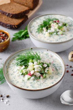 Soğuk Okroshka Çorbası Yumurta, Sebze, Et, Bitki ve Kefir Bir Açık Gri Arkaplanda, Yaz Çorbası