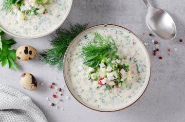 Soğuk Okroshka Çorbası Yumurta, Sebze, Et, Bitki ve Kefir Bir Açık Gri Arkaplanda, Yaz Çorbası