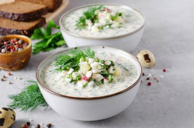 Soğuk Okroshka Çorbası Yumurta, Sebze, Et, Bitki ve Kefir Bir Açık Gri Arkaplanda, Yaz Çorbası