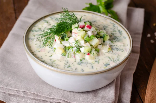 Soğuk Okroshka Çorbası Yumurta, Sebze, Et, Bitki ve Kefir Bir Ahşap Kırsalda, Yaz Çorbası