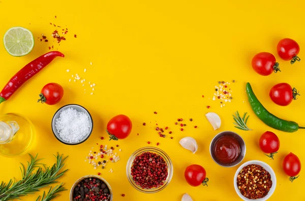 Stock image Cooking Concept with Spices and Vegetables on Yellow Background, Vegetarian Food, Health, Background for Recipes, Top View