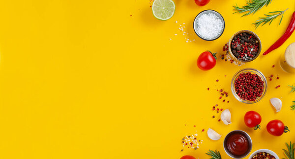 Cooking Concept with Spices and Vegetables on Yellow Background, Vegetarian Food, Health, Background for Recipes, Top View