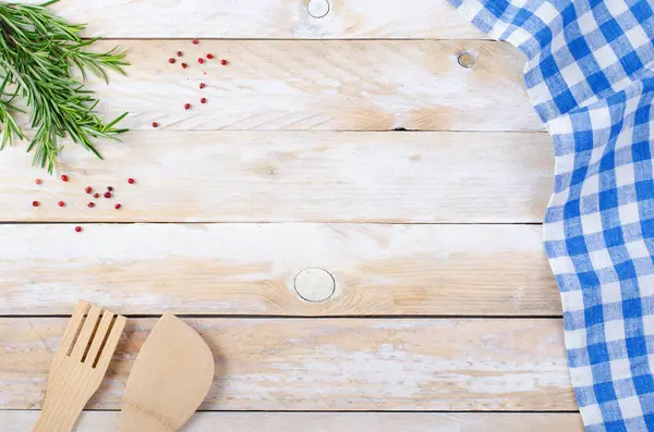 Yemek Pişirme Konsepti, Tarifler için Beyaz Ahşap Arkaplan, Üst Görünüm
