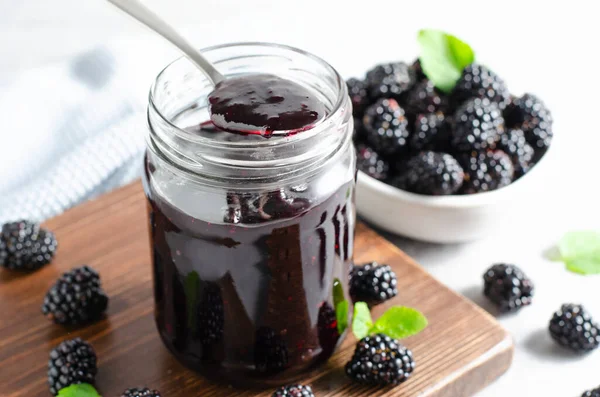 Blackberry Jam Jar Taste Homemade Berry Jam Bright Fone — стоковое фото