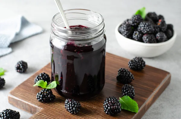 Blackberry Jam Jar Taste Homemade Berry Jam Bright Fone — стоковое фото