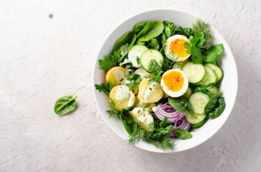 Taze sebze ve sebze, sağlıklı dengeli yemek, patates salatası, salatalık, marul, yumurta ve sebze soslu salata.