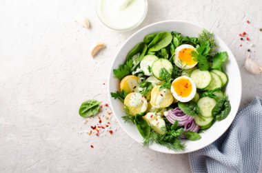 Taze sebze ve sebze, sağlıklı dengeli yemek, patates salatası, salatalık, marul, yumurta ve sebze soslu salata.