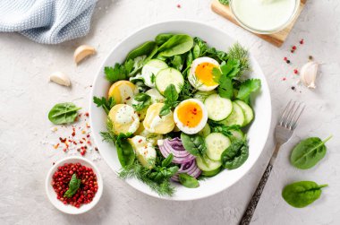 Taze sebze ve sebze, sağlıklı dengeli yemek, patates salatası, salatalık, marul, yumurta ve sebze soslu salata.