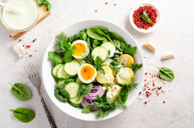 Taze sebze ve sebze, sağlıklı dengeli yemek, patates salatası, salatalık, marul, yumurta ve sebze soslu salata.