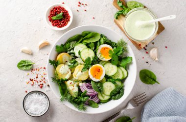 Taze sebze ve sebze, sağlıklı dengeli yemek, patates salatası, salatalık, marul, yumurta ve sebze soslu salata.