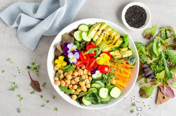 stock image Vegan Buddha Bowl with Chickpeas, Avocado and Fresh Vegetables, Healthy Eating, Tasty Vegetarian Meal