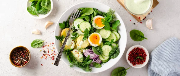 Cuenco Buda Verde Con Hierbas Verduras Primavera Comida Saludable Equilibrada — Foto de Stock