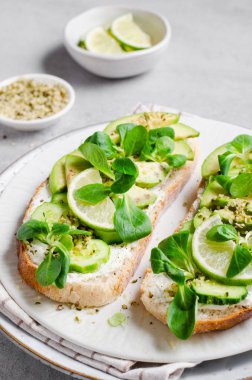 Mikro-Yeşil, Sağlıklı Atıştırmalık Avokado Tostları veya Parlak Arkaplanda Kahvaltı
