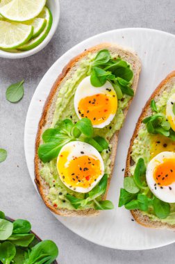 Avokado Yumurtalı Tost, Avokado ile Yumurtalı Ekmek, Sağlıklı Atıştırmalık veya Parlak Arkaplanda Kahvaltı