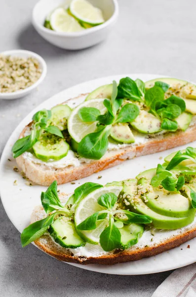 Mikro-Yeşil, Sağlıklı Atıştırmalık Avokado Tostları veya Parlak Arkaplanda Kahvaltı