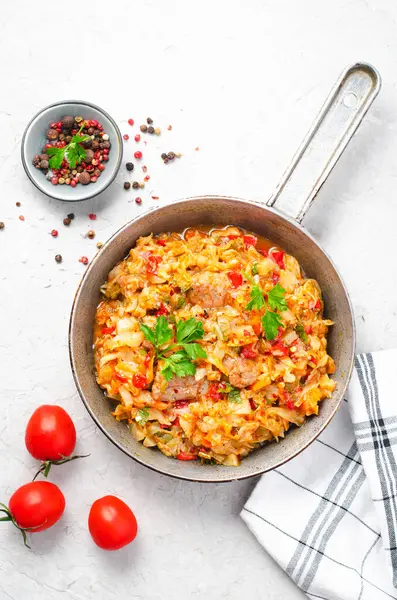 stock image Stewed Cabbage with Meat and Vegetables, Comfort Food, Braised Cabbage, Tasty Meal