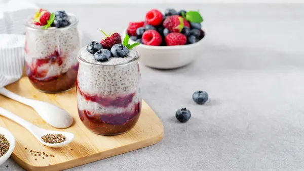 Healthy Chia Pudding Glass Raspberry Jam Fresh Berries Bright Background — Stock Photo, Image
