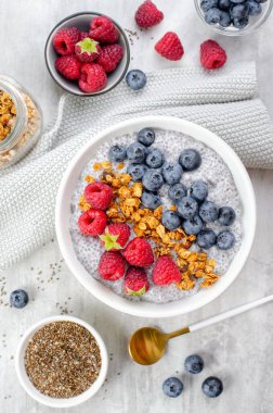 Sağlıklı Chia Pudding Kasesi Granola ve Parlak Arkaplanda Taze Meyveler