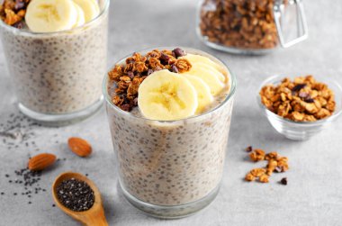 Muzlu Chia Pudding, Granola ve Tarçın, Gece Muzlu Yulaf, Sağlıklı Kahvaltı veya Atıştırmalık, Parfait, Vejetaryen Yemeği