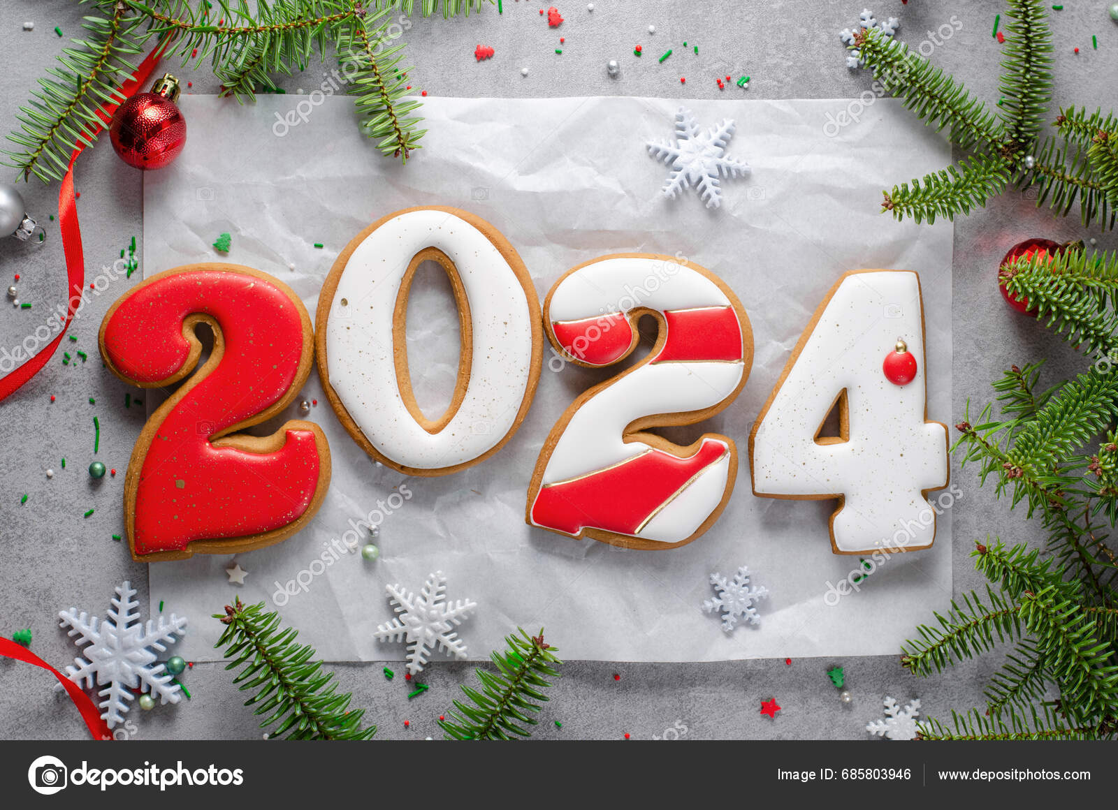 New Year 2024 Gingerbread Cookies Bright Festive Background Handmade