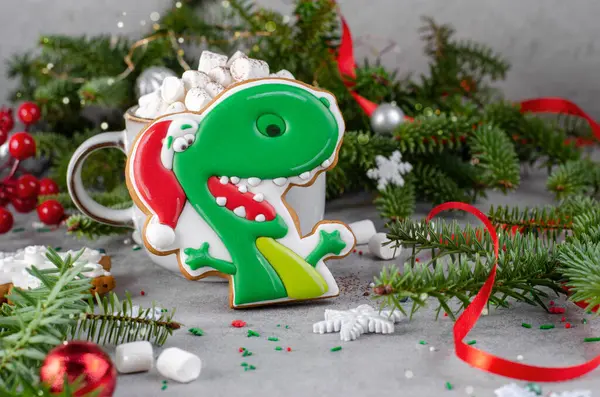 Dragon Gingerbread Cookie on Bright Festive Background, Handmade Christmas Treat