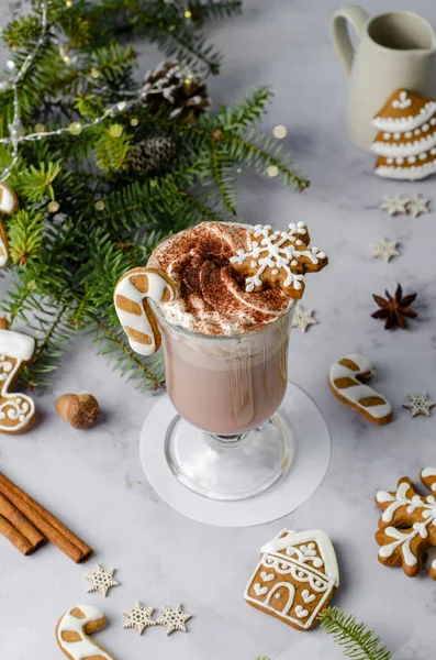 Christmas Drink, Hot Chocolate with Whipped Cream and Gingerbread Cookies on Bright Background, Cocoa or Coffee Drink