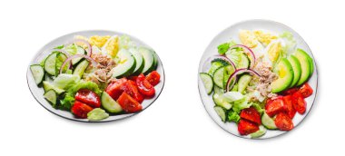 Ton balığı salatası, sağlıklı yiyecekler, taze salata, marul, avokado, kiraz, salatalık ve yumurta.