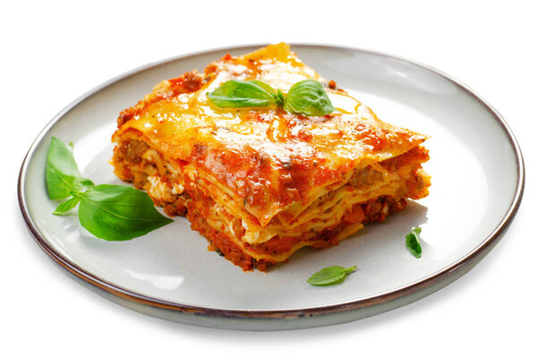 Delicious Homemade Lasagna with Bolognese Sauce on White Isolated Background, Italian Cuisine, Tasty Baked Lasagna