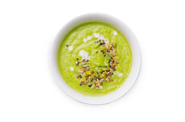 Green Vegan Broccoli Cream Soup Cashew Milk Seed Mix Detox — Stock Photo, Image