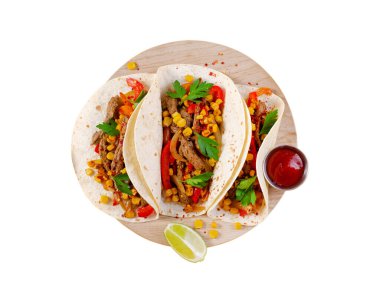 Meksika dürümleri ve sebzeli, Tacos al Pastor beyaz tenha arka planda.