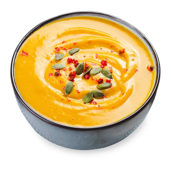 Sweet Potato Soup, Fresh Homemade Pumpkin, Sweet Potato, Carrot Soup in a Bowl on White Isolated Background