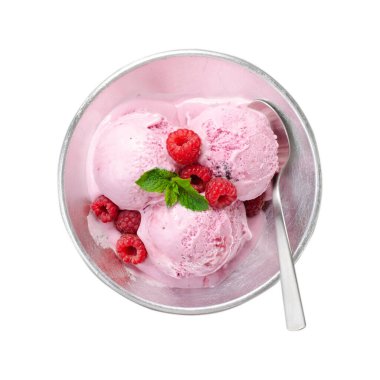 Nefis ahududu dondurması beyaz arka planda bir kasede, Yaz Tatlısı