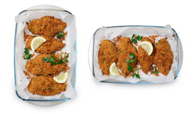 Ekmek Kırıntıları 'nda pişmiş Beyaz Arkaplanda Tavuk Göğüsleri