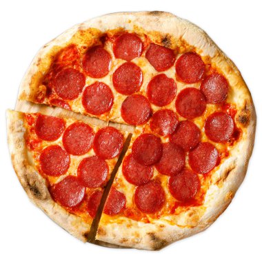 Mozzarella peynirli biberli pizza, salam, domates sosu, Stone Baked Pizza, izole edilmiş beyaz arka plan.