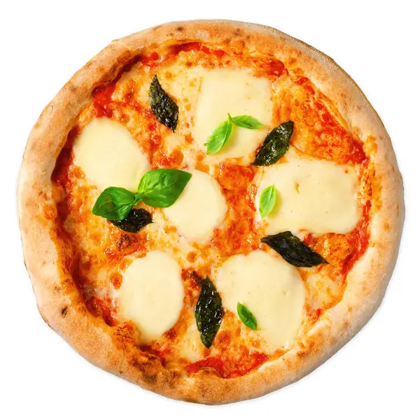 İtalyan Pizza Margherita ile Mozzarella ve Basil ile İzole Beyaz Arkaplan, Taze Fırınlanmış Pizza
