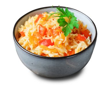 Bell Pepper ve Havuç, Lezzetli Ev Yapımı Pirinç Beyaz İzole Arkaplanda Sebzeli Sebze