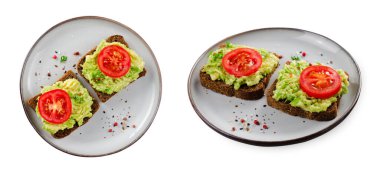 Domatesli Avokado Tostları, Sağlıklı Atıştırmalıklar veya Beyaz Arkaplanda Kahvaltı İzole Edilmiş