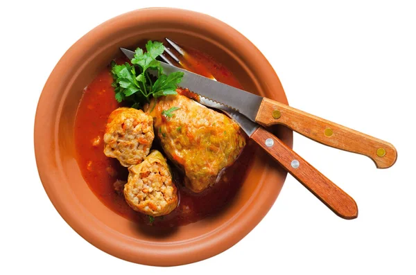Cabbage Rolls with Ground Meat, Rice and Vegetables also known as Sarma, Golubtsy, Dolma on White Isolated Background