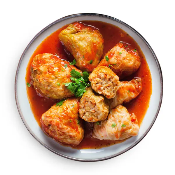Cabbage Rolls with Ground Meat, Rice and Vegetables also known as Sarma, Golubtsy, Dolma on White Isolated Background